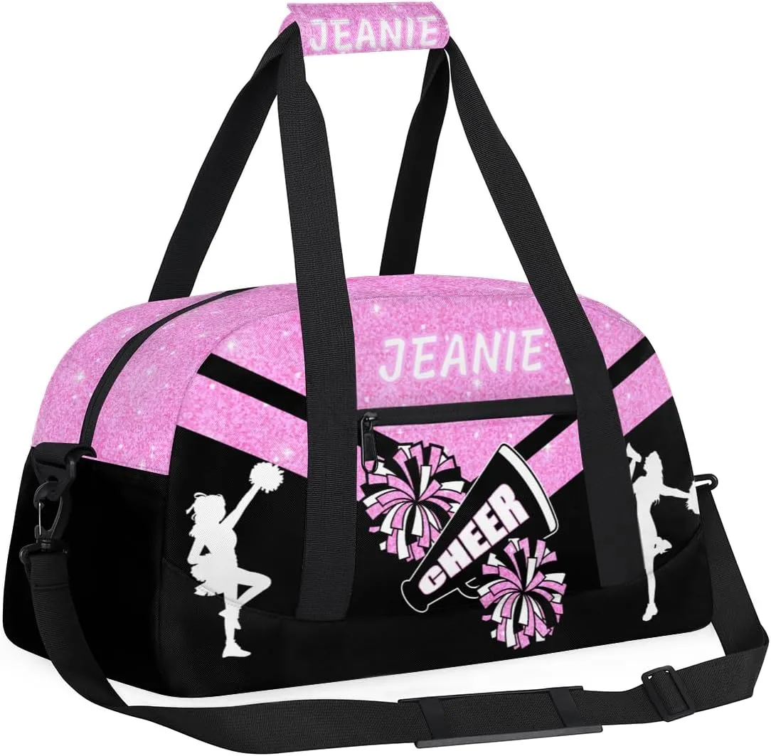 Personalize Cheer Duffel Bags with Custom Name & Text Sport Dance Gym Bags Garment Bags for Girls Kids Cheerleaders Overnight Weekender Travel Pink Glitter 4