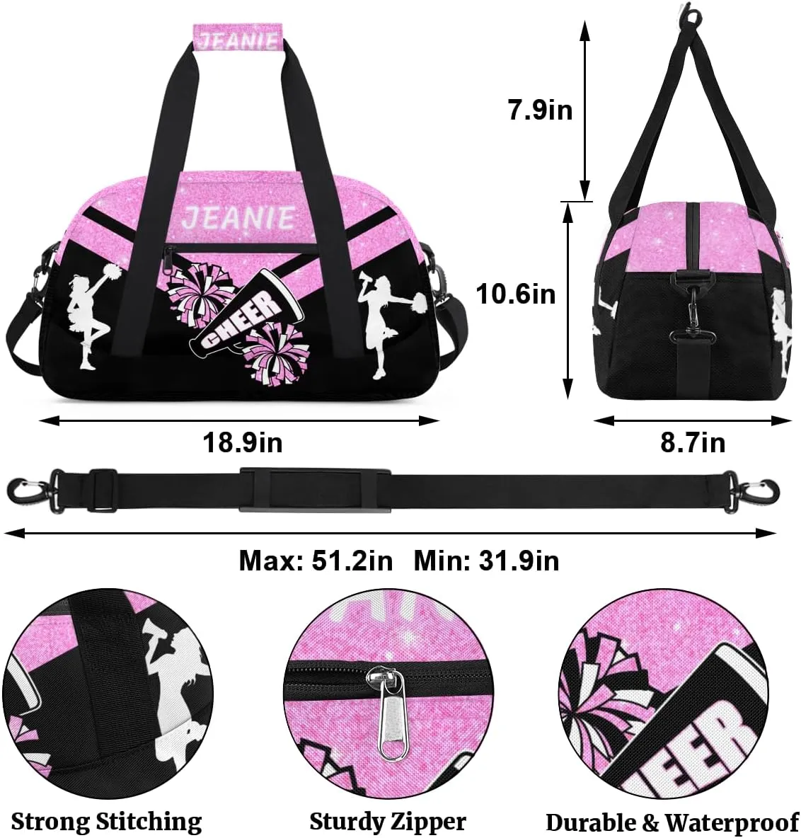 Personalize Cheer Duffel Bags with Custom Name & Text Sport Dance Gym Bags Garment Bags for Girls Kids Cheerleaders Overnight Weekender Travel Pink Glitter 4