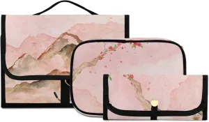 Pink Cherry Blossoms Travel Toiletry Bag Cosmetic Make up Brush Cases Hanging Water-resistant Accessories Organizer for Women 3PCS