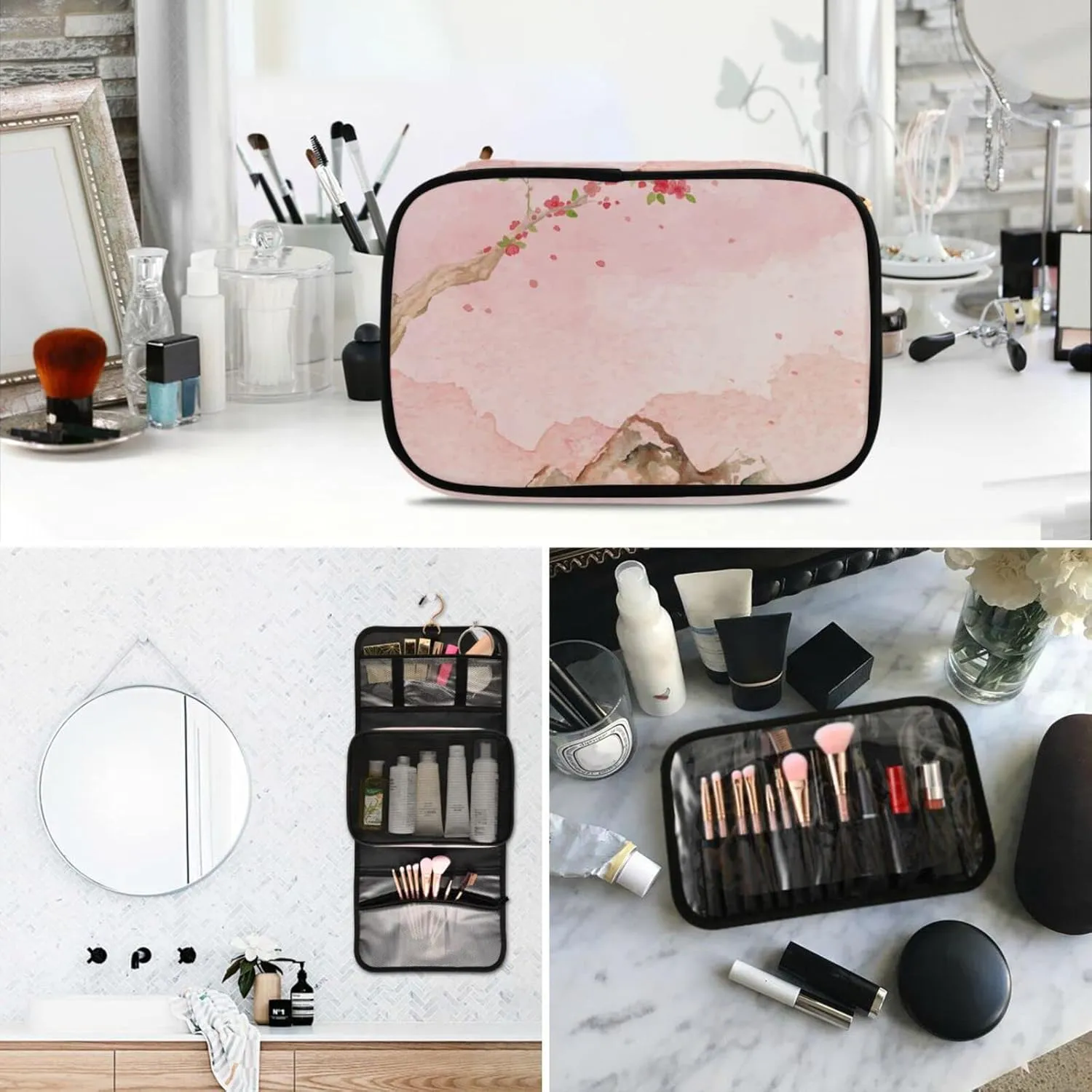 Pink Cherry Blossoms Travel Toiletry Bag Cosmetic Make up Brush Cases Hanging Water-resistant Accessories Organizer for Women 3PCS