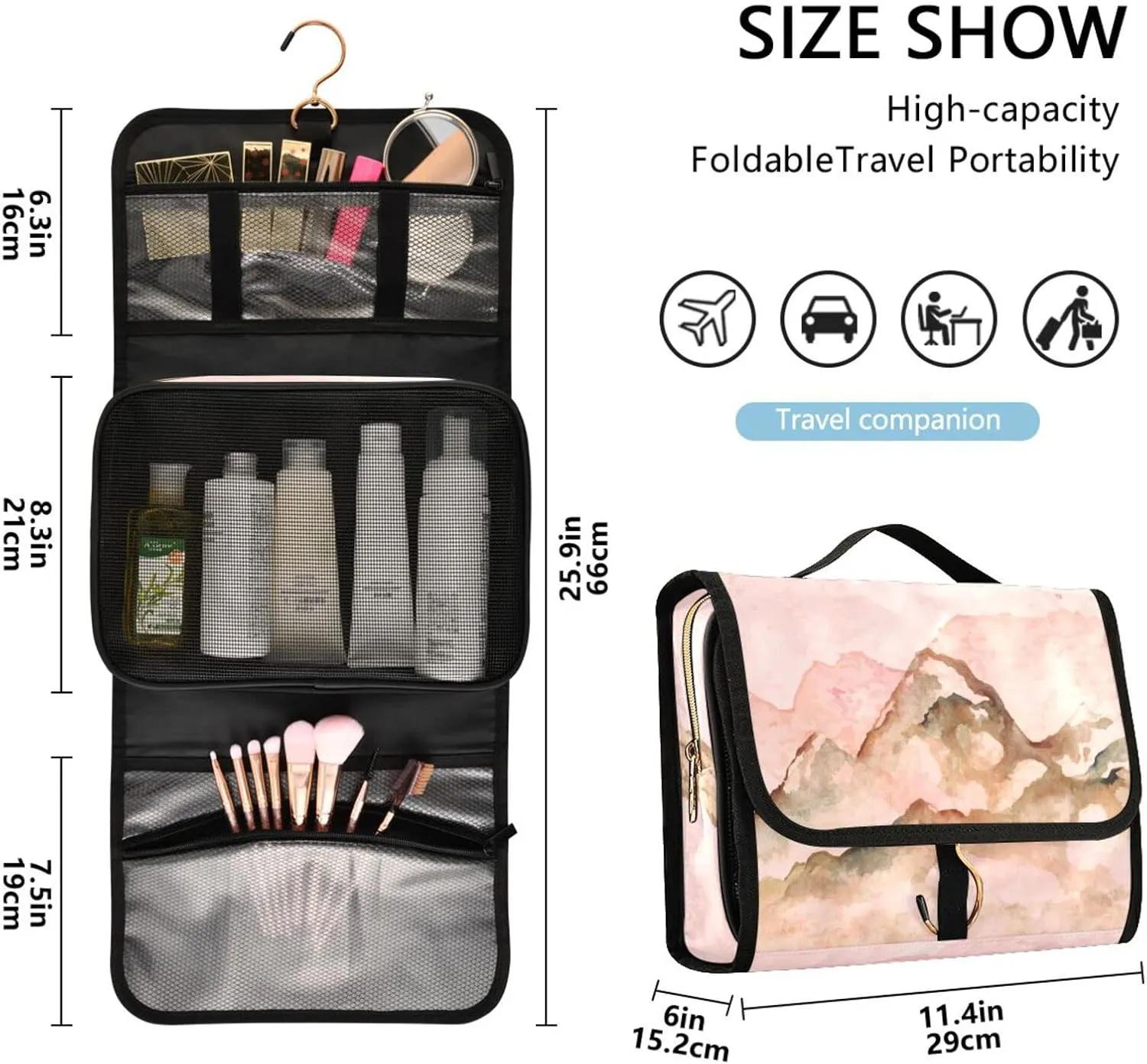Pink Cherry Blossoms Travel Toiletry Bag Cosmetic Make up Brush Cases Hanging Water-resistant Accessories Organizer for Women 3PCS