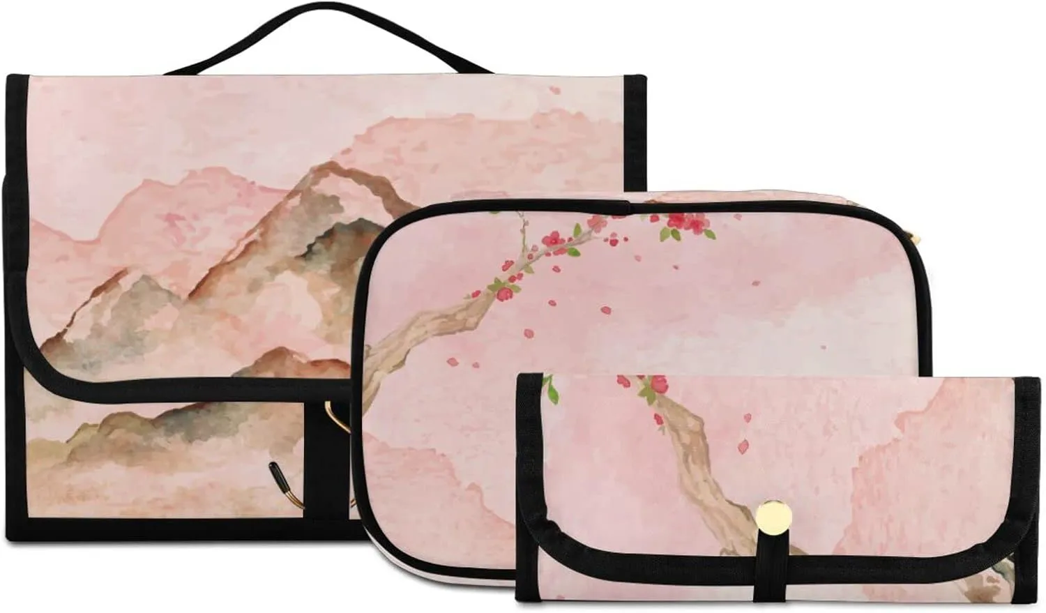 Pink Cherry Blossoms Travel Toiletry Bag Cosmetic Make up Brush Cases Hanging Water-resistant Accessories Organizer for Women 3PCS