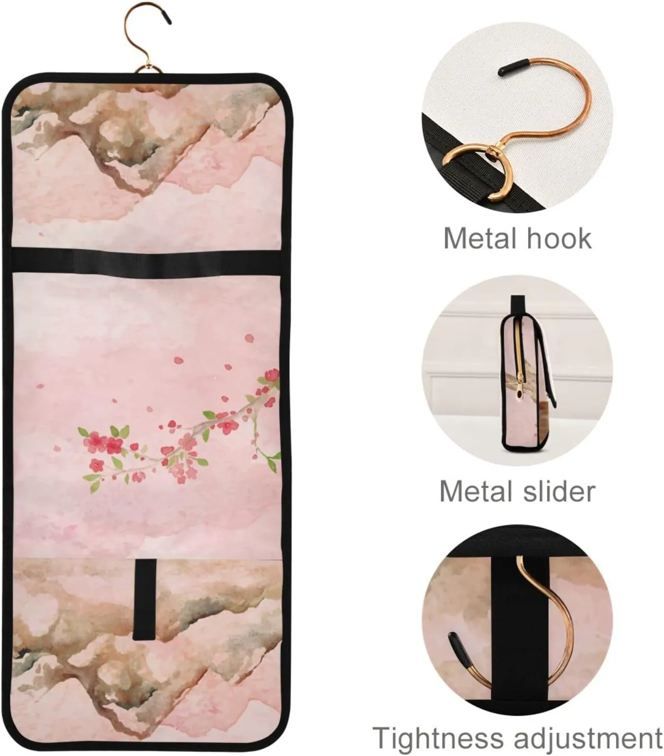 Pink Cherry Blossoms Travel Toiletry Bag Cosmetic Make up Brush Cases Hanging Water-resistant Accessories Organizer for Women 3PCS