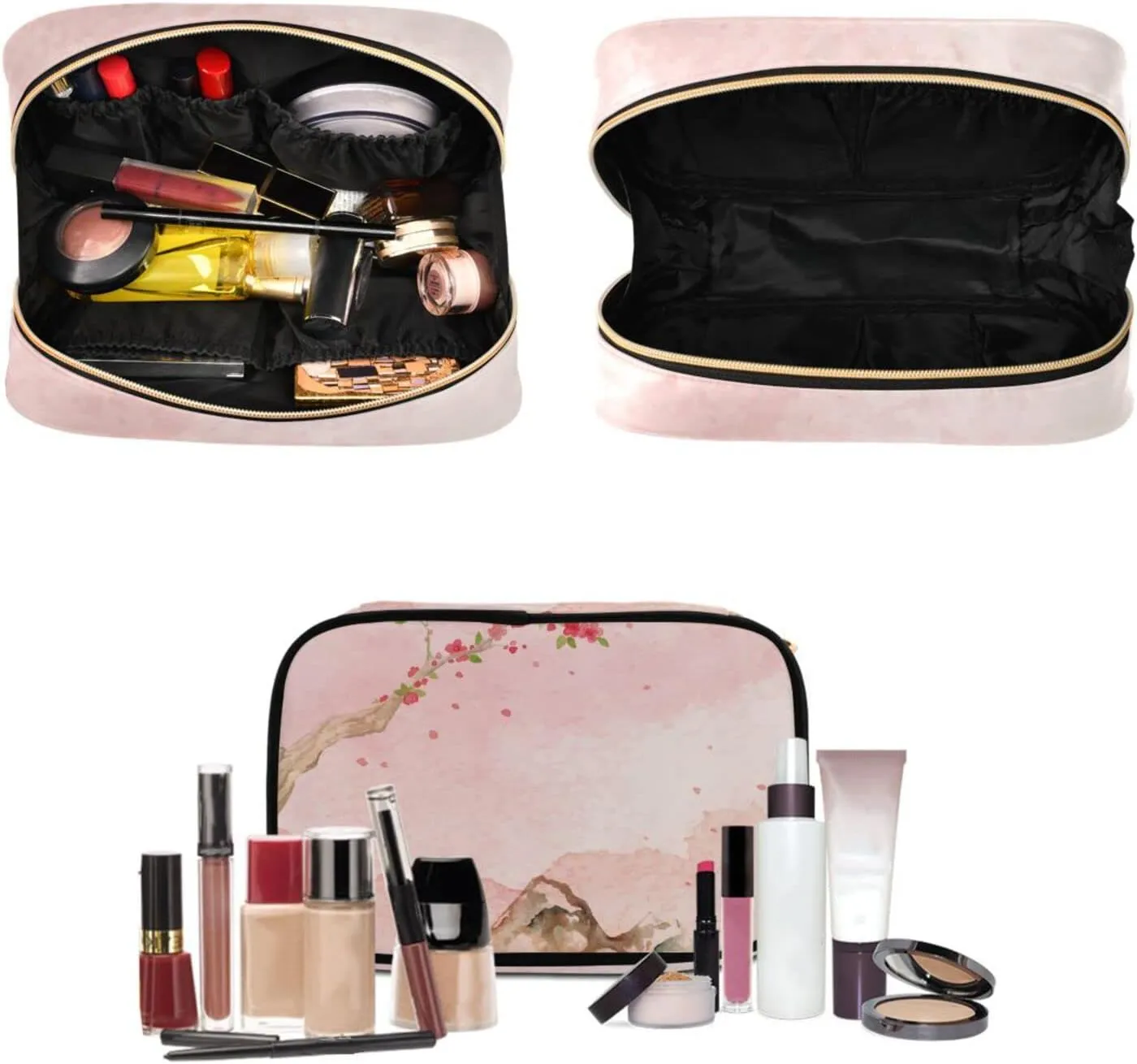 Pink Cherry Blossoms Travel Toiletry Bag Cosmetic Make up Brush Cases Hanging Water-resistant Accessories Organizer for Women 3PCS