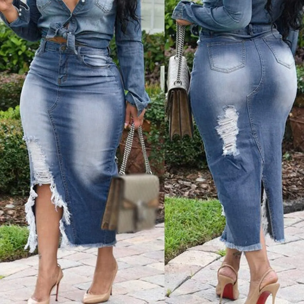 Pleated Tennis Skirts for Women Midi Skirts for Women High Waist Ripped Denim Skirt Destroyed Bodycon Street