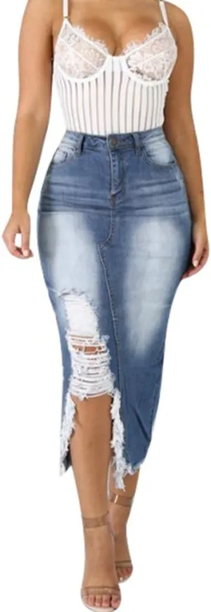 Pleated Tennis Skirts for Women Midi Skirts for Women High Waist Ripped Denim Skirt Destroyed Bodycon Street