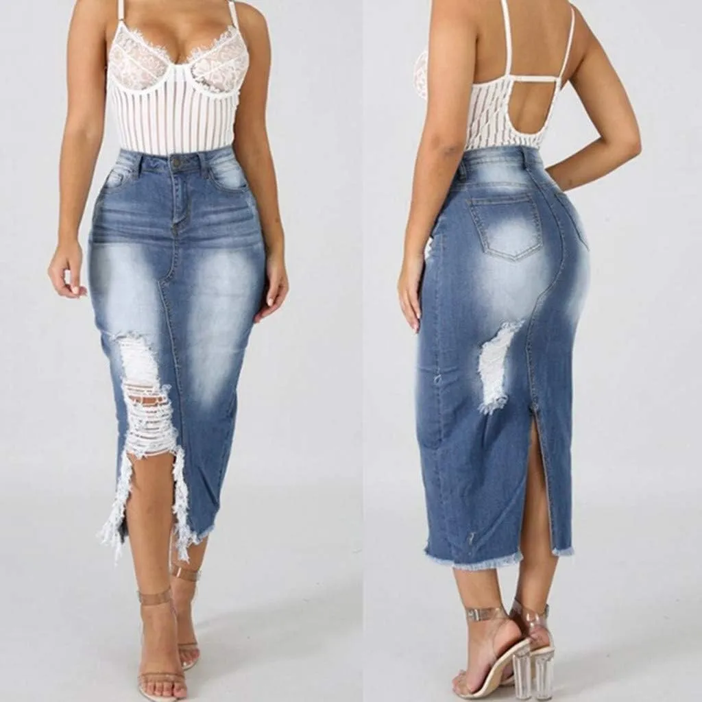 Pleated Tennis Skirts for Women Midi Skirts for Women High Waist Ripped Denim Skirt Destroyed Bodycon Street