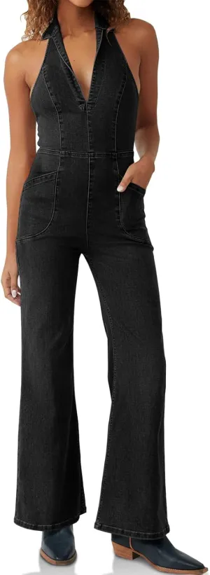 PLNOTME Womens Sleeveless Denim Jumpsuits Cute Halter V Neck Lapel Backless Wide Leg Flare Jeans Long Pants Rompers