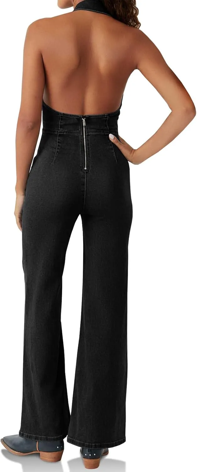 PLNOTME Womens Sleeveless Denim Jumpsuits Cute Halter V Neck Lapel Backless Wide Leg Flare Jeans Long Pants Rompers