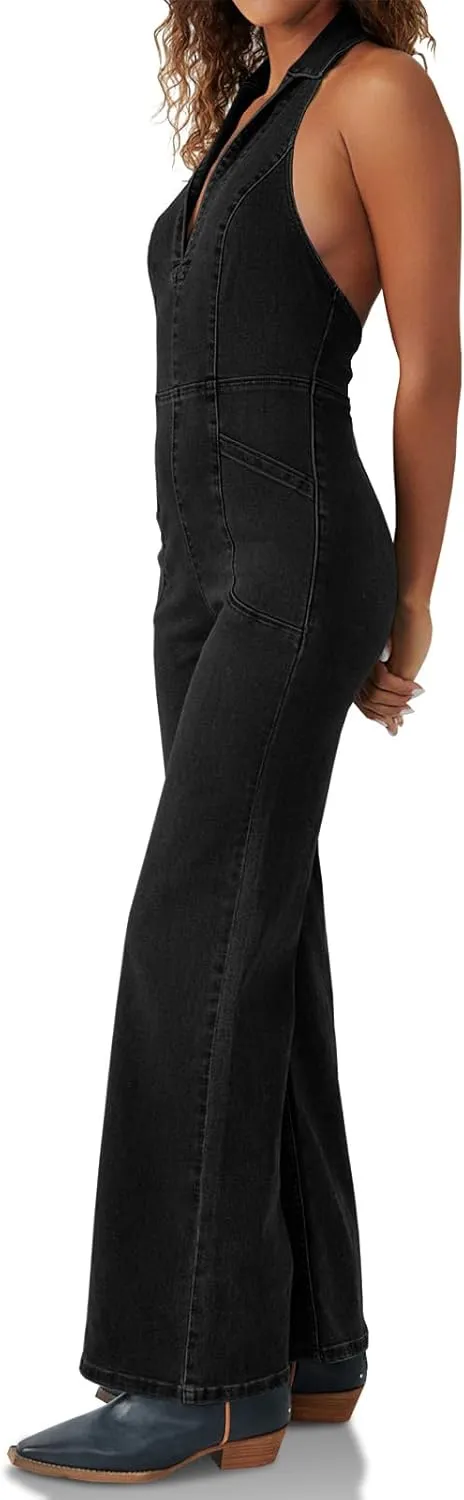 PLNOTME Womens Sleeveless Denim Jumpsuits Cute Halter V Neck Lapel Backless Wide Leg Flare Jeans Long Pants Rompers