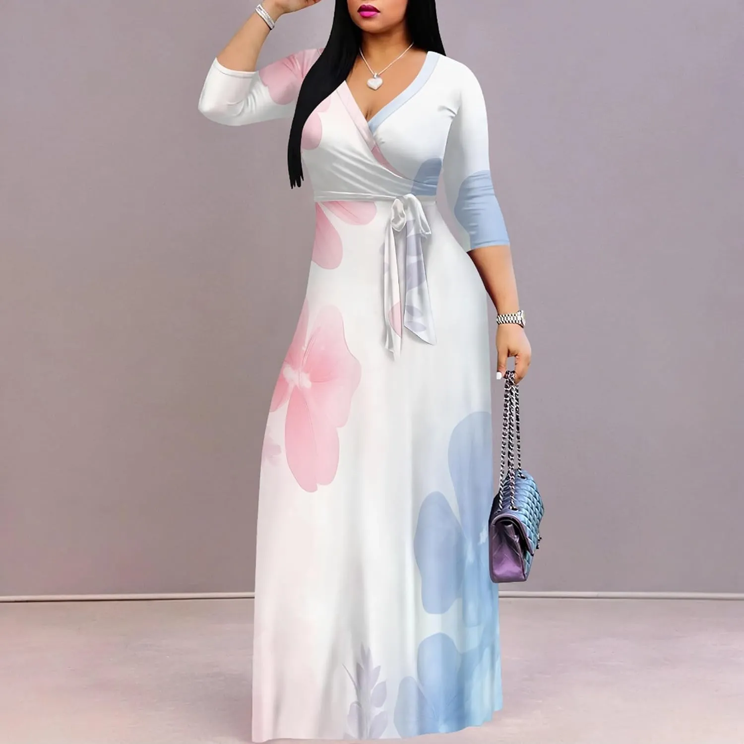 Plus Size Women's Maxi Dress Ethnic Print Long Dress Fashion Sexy Deep V Neck 3/4 Sleeves Autumn Dress with Belt