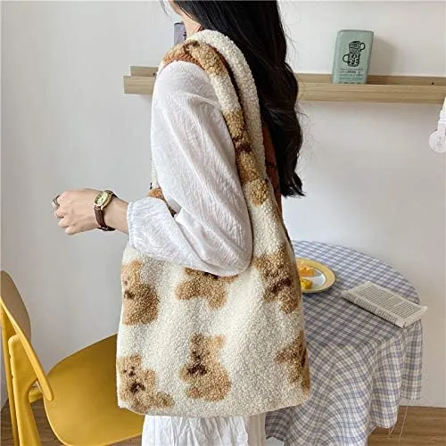 Plush Tote Bag Y2K Fuzzy Furry Hobo Bag Fur Bear Printed Underarm Bag Aesthetic Shoulder Bag Accessories Autumn Winter