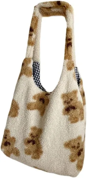 Plush Tote Bag Y2K Fuzzy Furry Hobo Bag Fur Bear Printed Underarm Bag Aesthetic Shoulder Bag Accessories Autumn Winter