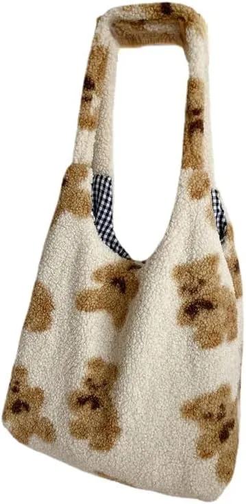 Plush Tote Bag Y2K Fuzzy Furry Hobo Bag Fur Bear Printed Underarm Bag Aesthetic Shoulder Bag Accessories Autumn Winter