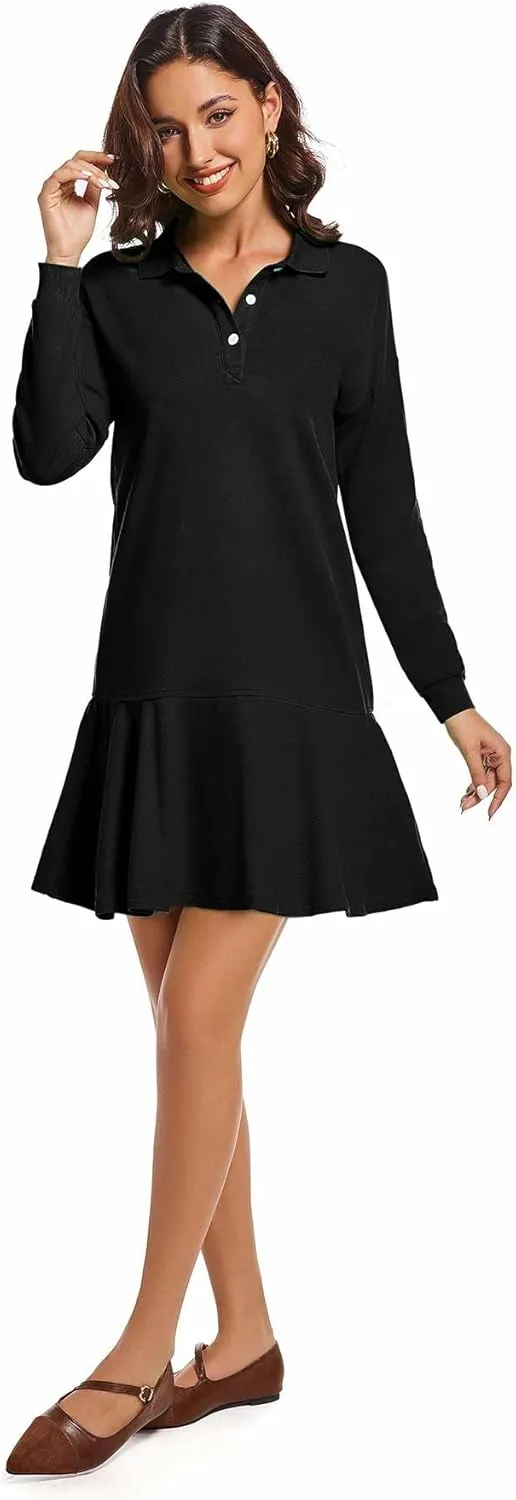 Polo Dress for Women Long Sleeve Ruffle Hem Golf Tennis Workout Dress Spring Mini Dresses