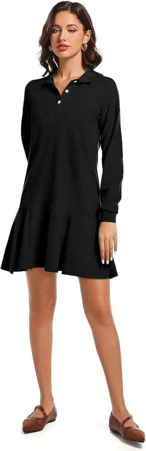 Polo Dress for Women Long Sleeve Ruffle Hem Golf Tennis Workout Dress Spring Mini Dresses