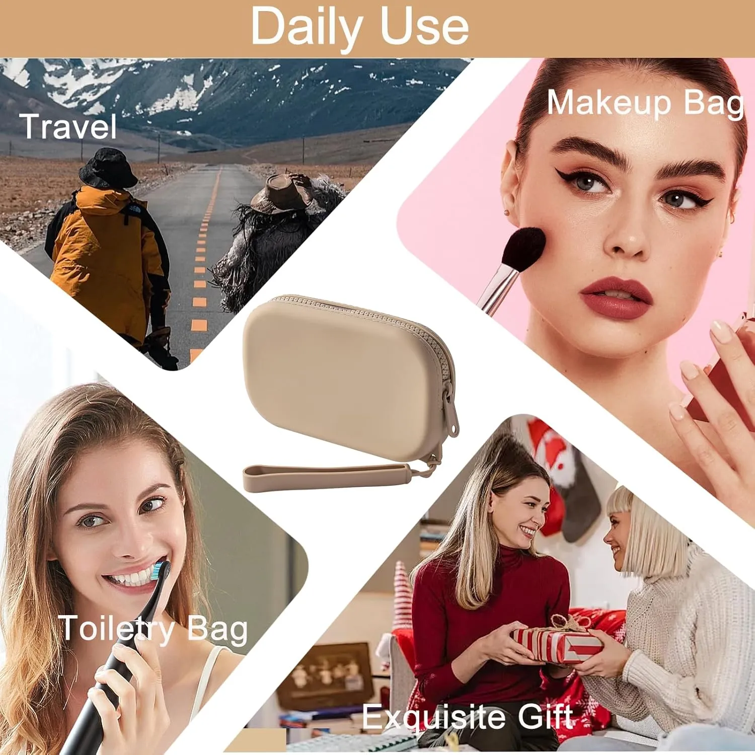 Portable Silicone Makeup Bag for Women, Small Travel Waterproof Toiletry Cosmetic Bag, Zipper Closure Organizer Makeup Case with Handle (Khaki)