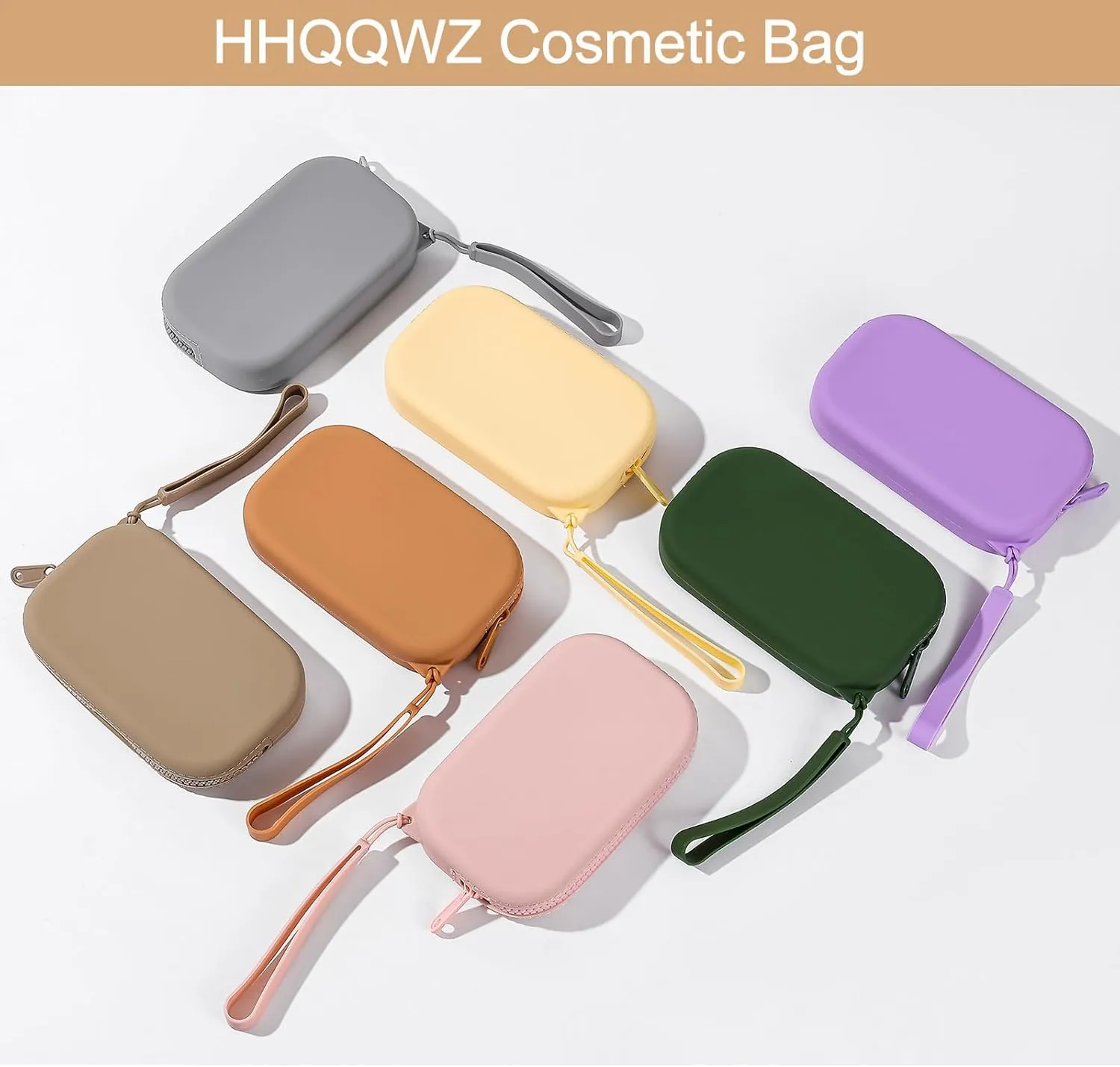 Portable Silicone Makeup Bag for Women, Small Travel Waterproof Toiletry Cosmetic Bag, Zipper Closure Organizer Makeup Case with Handle (Khaki)