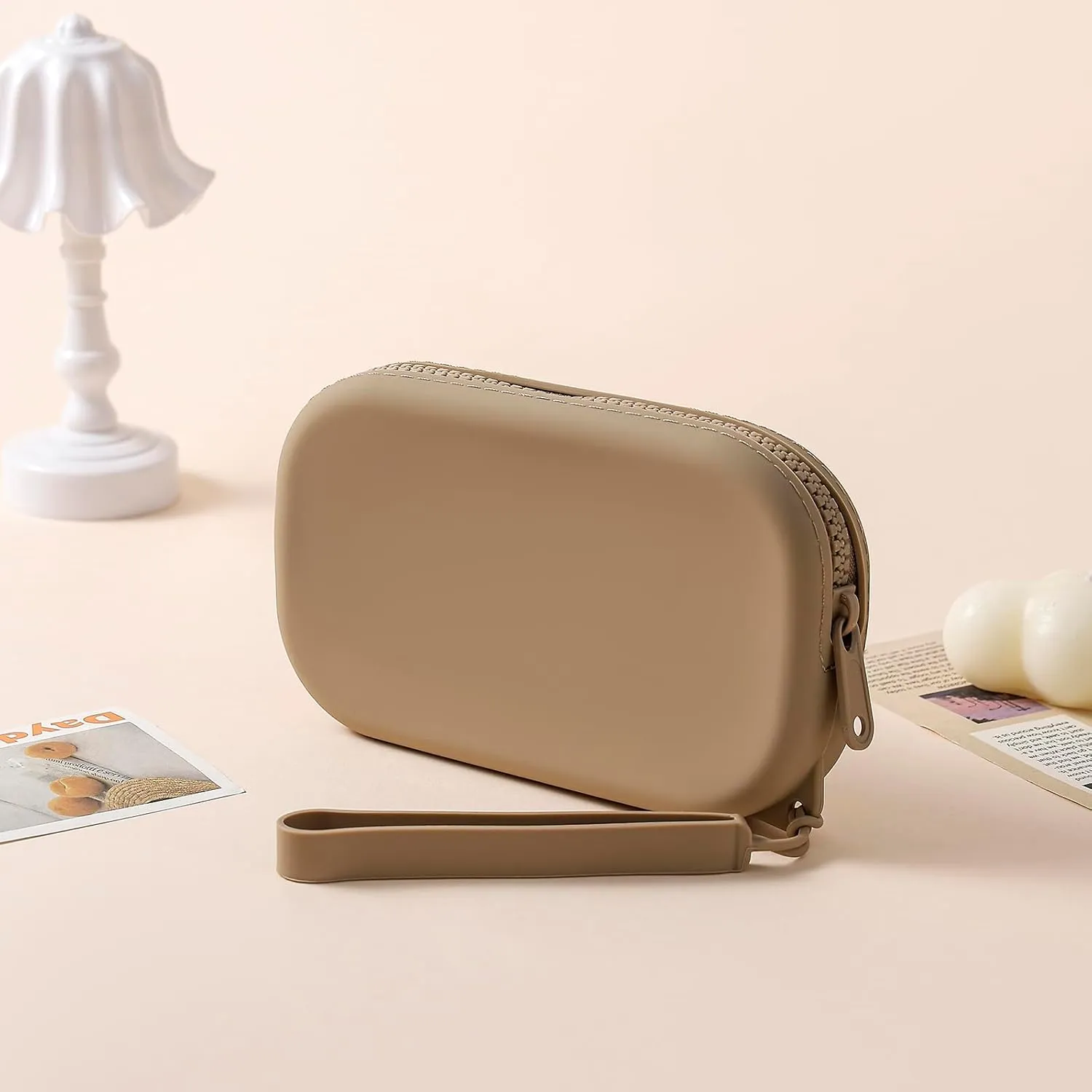 Portable Silicone Makeup Bag for Women, Small Travel Waterproof Toiletry Cosmetic Bag, Zipper Closure Organizer Makeup Case with Handle (Khaki)