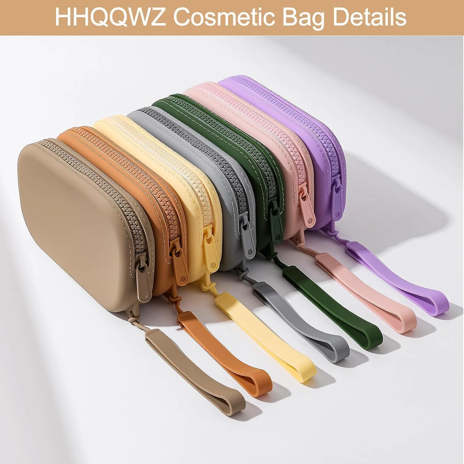 Portable Silicone Makeup Bag for Women, Small Travel Waterproof Toiletry Cosmetic Bag, Zipper Closure Organizer Makeup Case with Handle (Khaki)