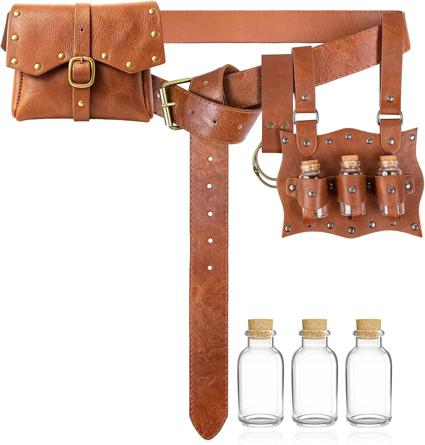 Renaissance Belt Pouch Pirate Leather Belt Bag Viking Belt Medieval Waist Bag Potion Bottles for Cosplay Costume Accessories (Brown)