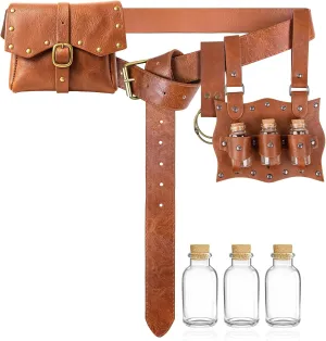 Renaissance Belt Pouch Pirate Leather Belt Bag Viking Belt Medieval Waist Bag Potion Bottles for Cosplay Costume Accessories (Brown)