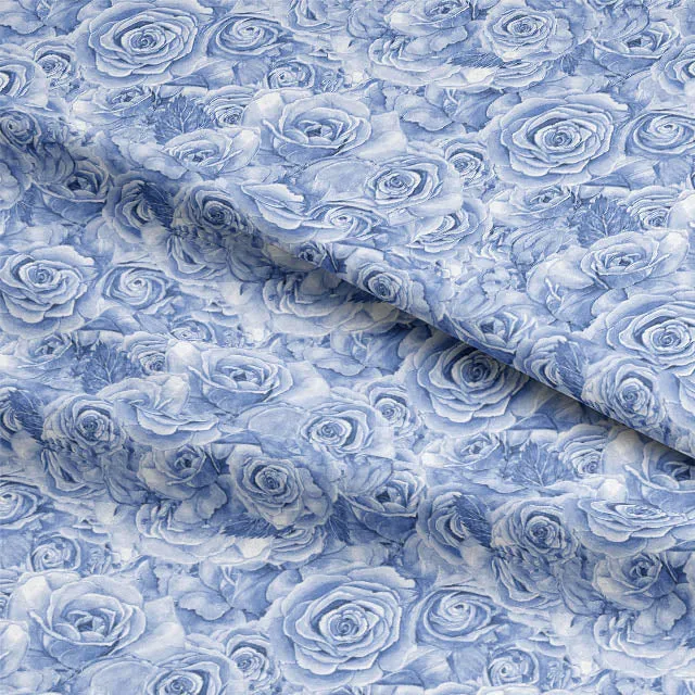 Roses Bouquet Cotton Curtain Fabric - Sapphire