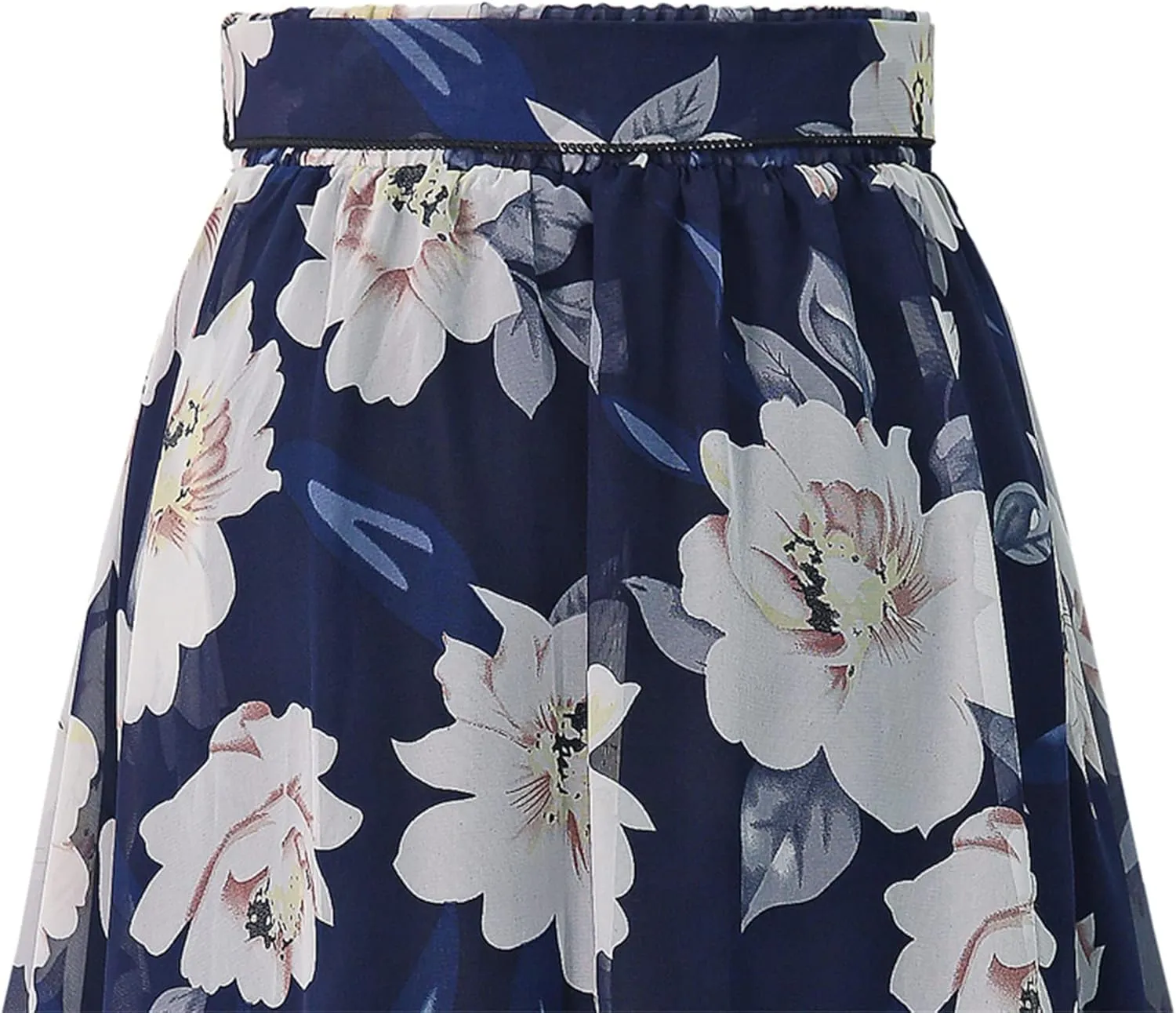 SANGTREE Women's Chiffon Skirt Flowy Floral Midi Maxi Elastic Pleated High Waist Swing Printed Belted Skirt