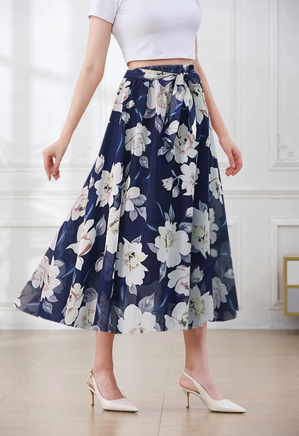 SANGTREE Women's Chiffon Skirt Flowy Floral Midi Maxi Elastic Pleated High Waist Swing Printed Belted Skirt