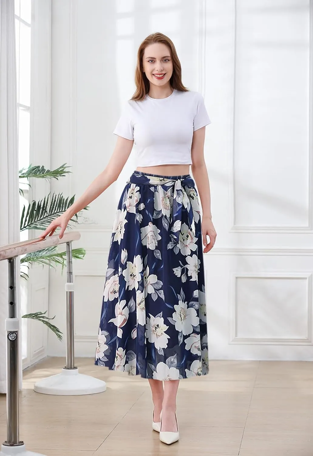 SANGTREE Women's Chiffon Skirt Flowy Floral Midi Maxi Elastic Pleated High Waist Swing Printed Belted Skirt
