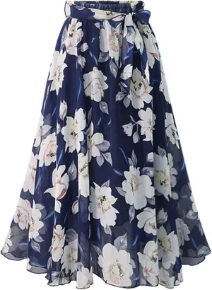 SANGTREE Women's Chiffon Skirt Flowy Floral Midi Maxi Elastic Pleated High Waist Swing Printed Belted Skirt