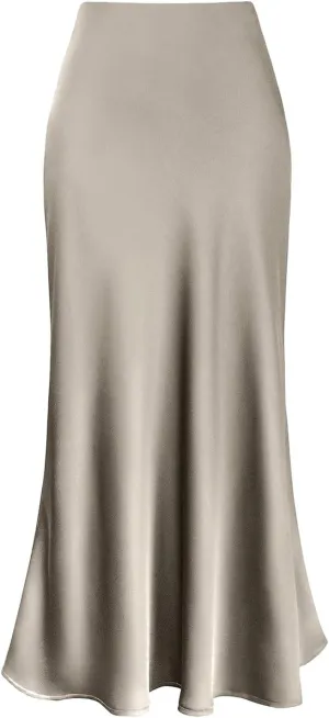Satin Pencil Skirts for Women Midi Length High Waisted Skirt Trendy Flowy Flared A-Line Skirts Casual Bodycon Business Skirt