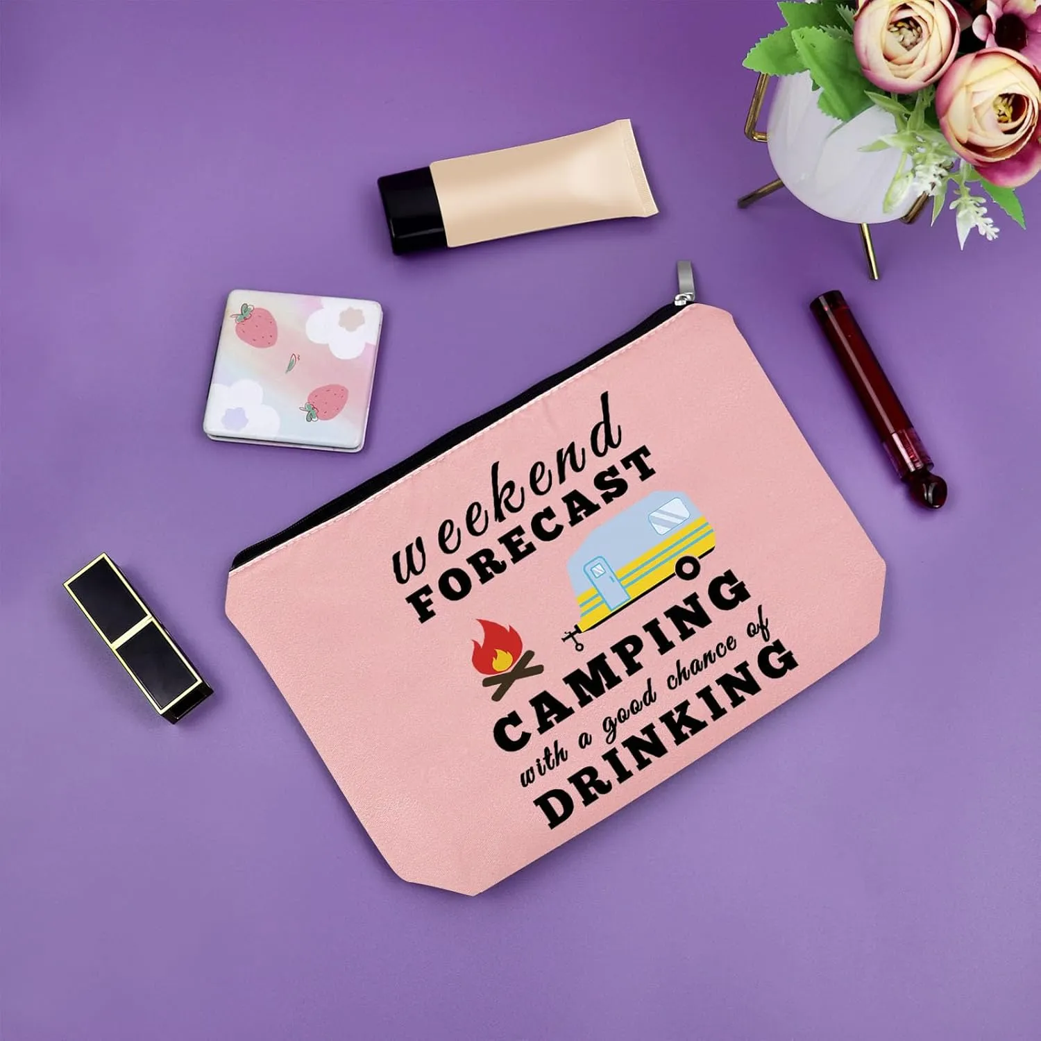 Sazuwu Happy Camper Gifts for Couples - Pink Makeup Bag for Women, Camping Cosmetic Bag, Camper Accessories for Travel Trailers