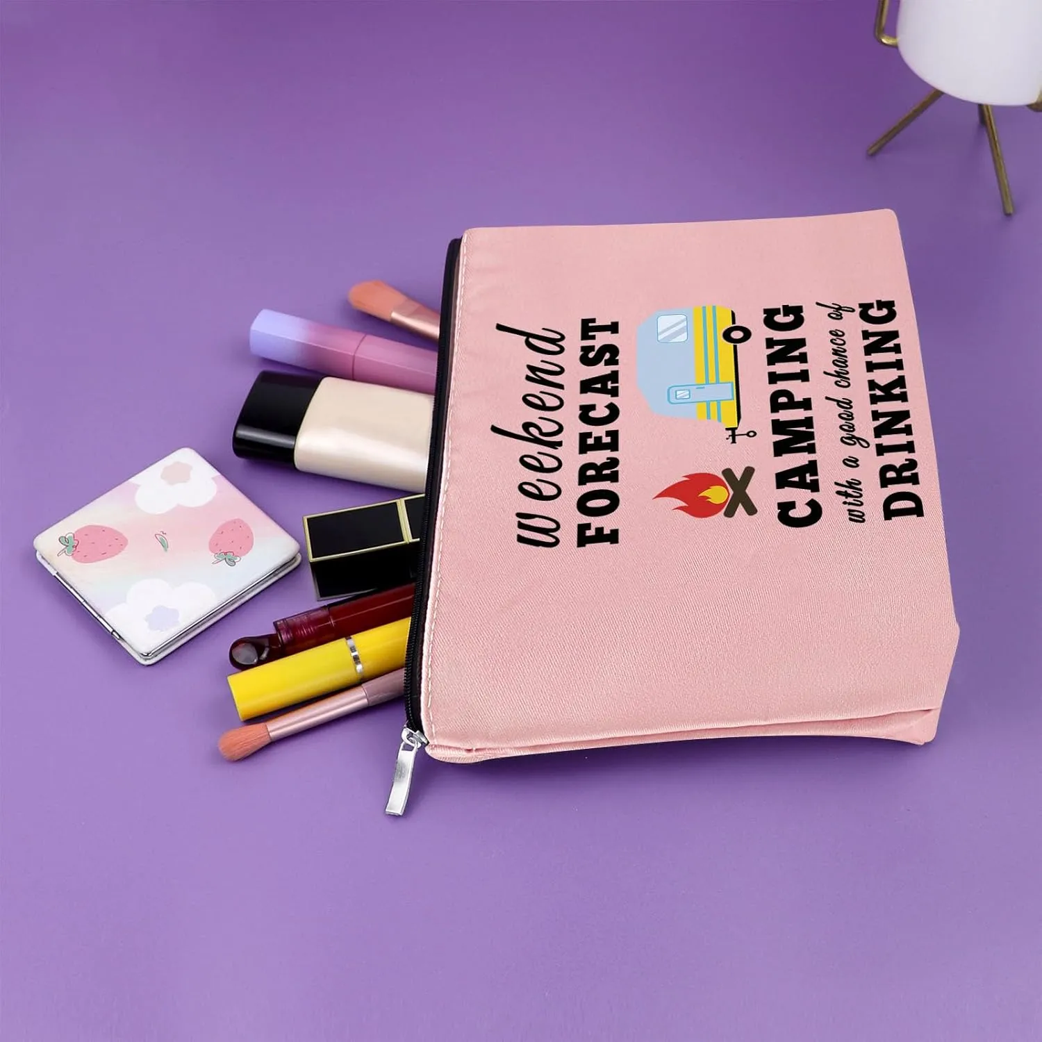 Sazuwu Happy Camper Gifts for Couples - Pink Makeup Bag for Women, Camping Cosmetic Bag, Camper Accessories for Travel Trailers