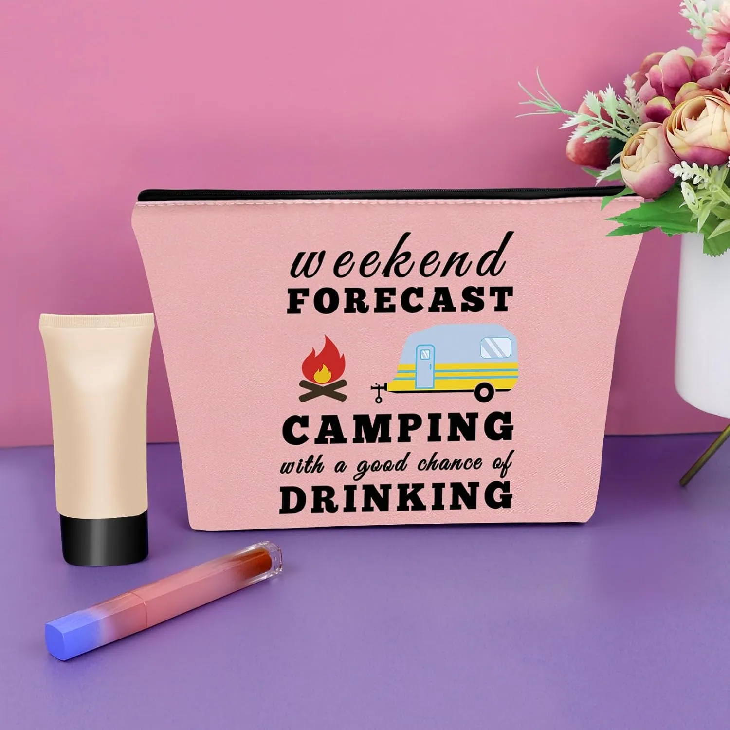 Sazuwu Happy Camper Gifts for Couples - Pink Makeup Bag for Women, Camping Cosmetic Bag, Camper Accessories for Travel Trailers
