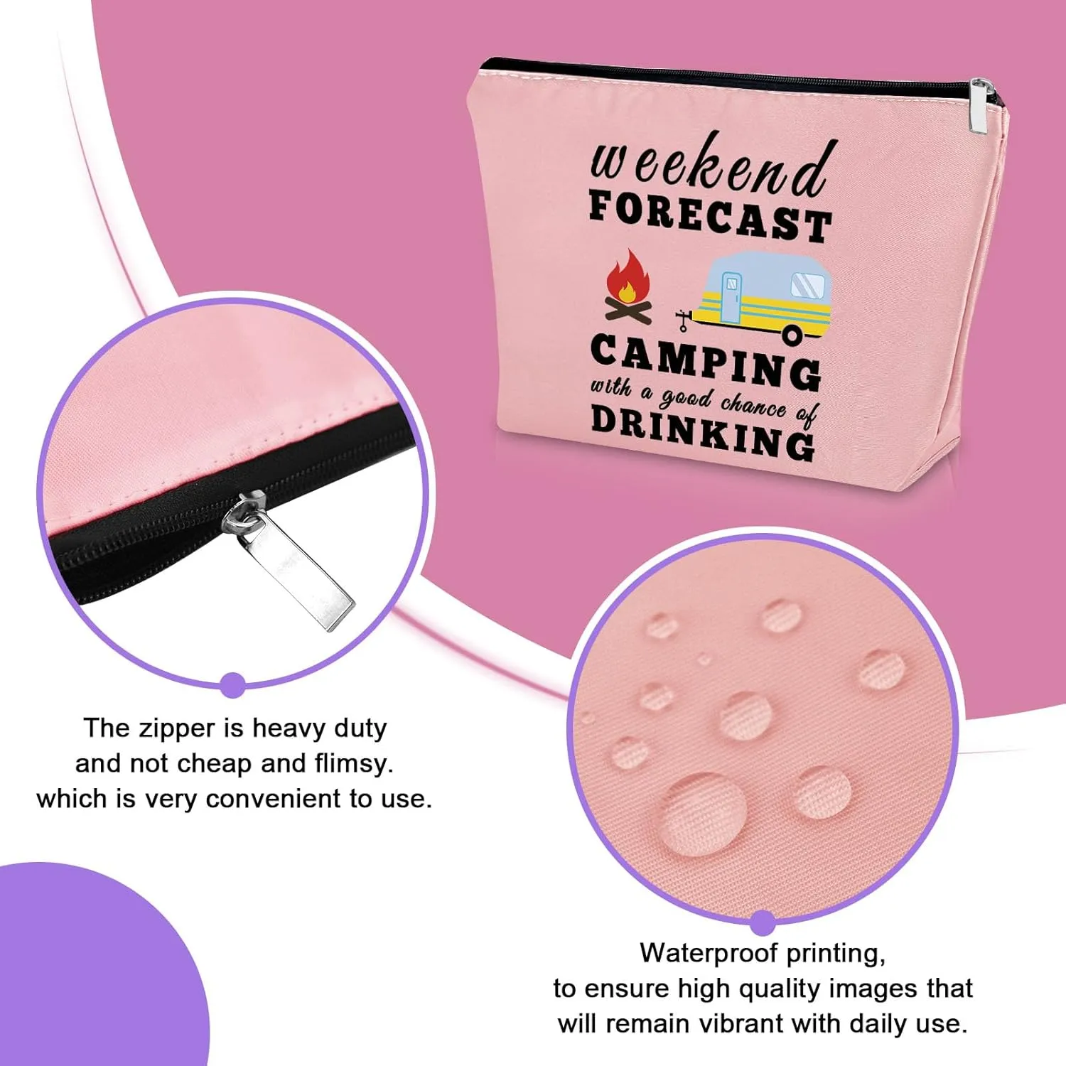 Sazuwu Happy Camper Gifts for Couples - Pink Makeup Bag for Women, Camping Cosmetic Bag, Camper Accessories for Travel Trailers