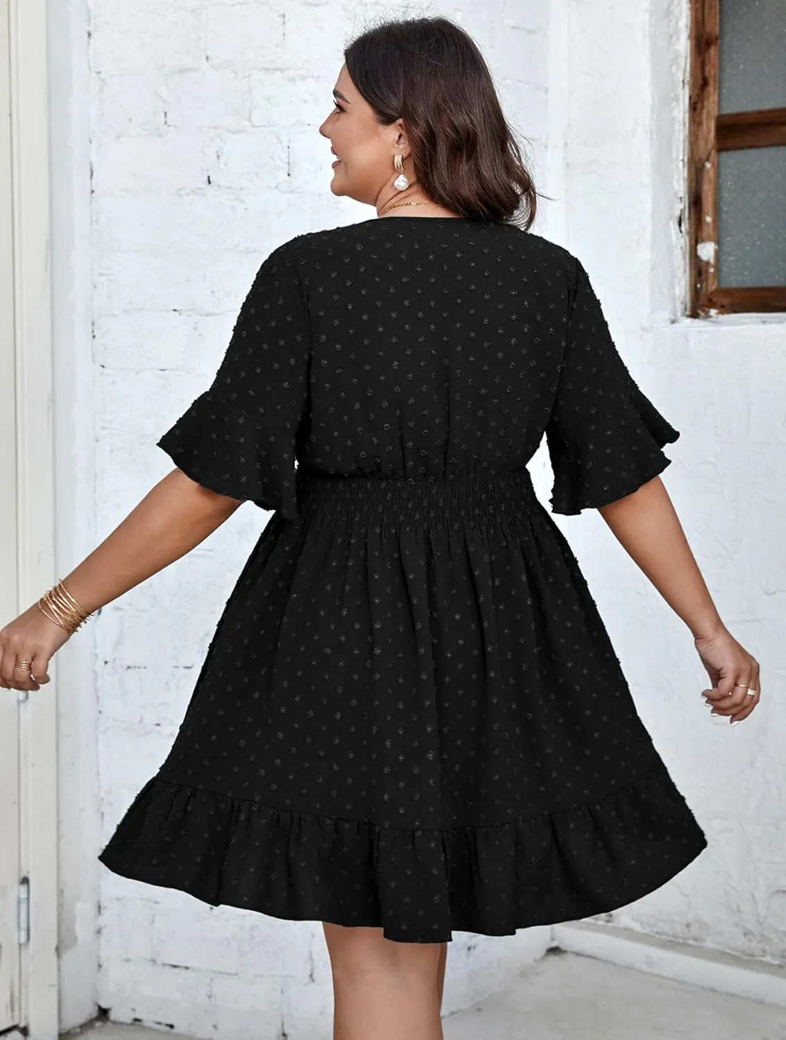 SCOMCHIC Plus Size Casual Summer Dress for Women Swiss Dot Wrap V Neck Ruffle Sleeve Smock Boho Mini Dress