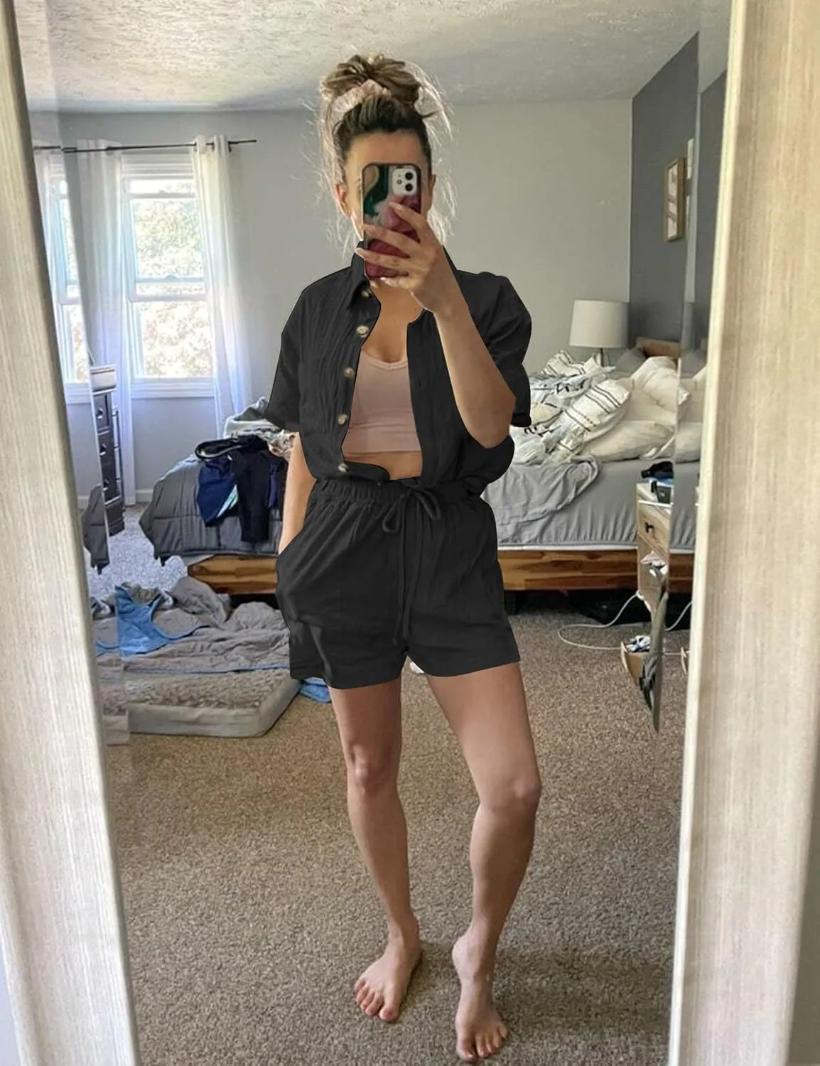 SeekMe Linen Short Sets for Women Short Sleeve Top Shorts 2 Piece Summer Beach Vacation Outfits Lounge Tracksuits