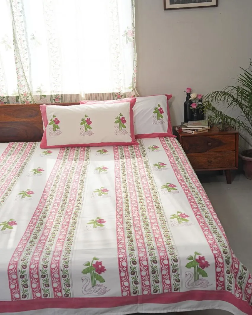 Serene Swan Lotus Printed Cotton Bedsheet with 2 Pillow Cover, 2 Cushion Covers