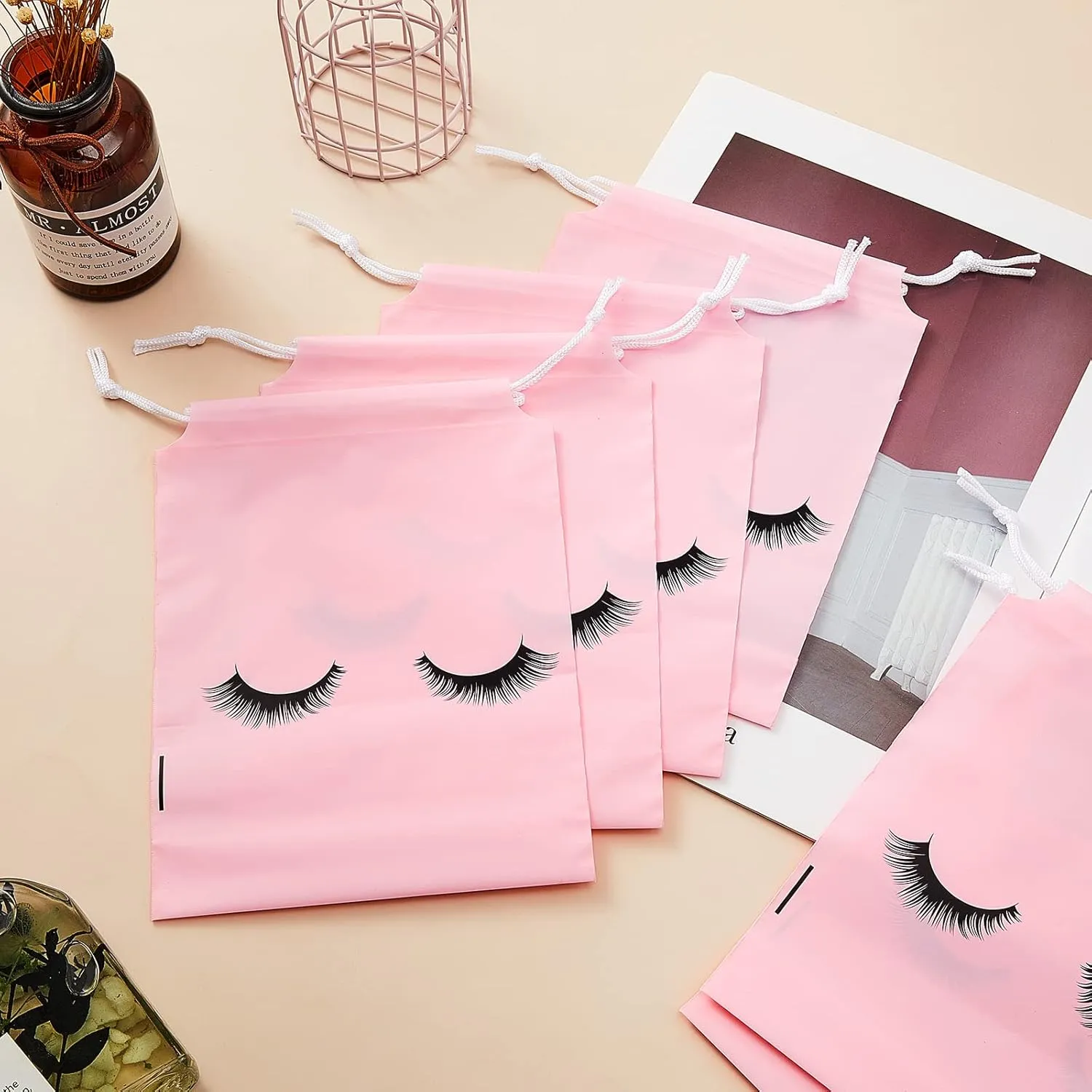 Shappy 50 Pcs Eyelash Aftercare Bags Eyelash Aftercare Plastic Makeup Bags with Drawstring Beauty Gift Cosmetic Sample Pouch for Women Girls Business Supplies(6 x 8 Inches,Pink)