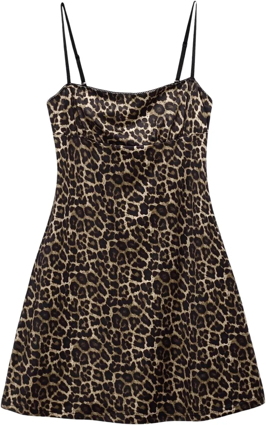 SHENHE Women's Leopard Dress Spaghetti Strap Animal Print A Line Flare Mini Cami Dress