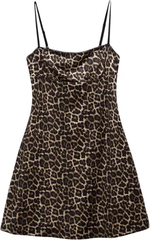SHENHE Women's Leopard Dress Spaghetti Strap Animal Print A Line Flare Mini Cami Dress