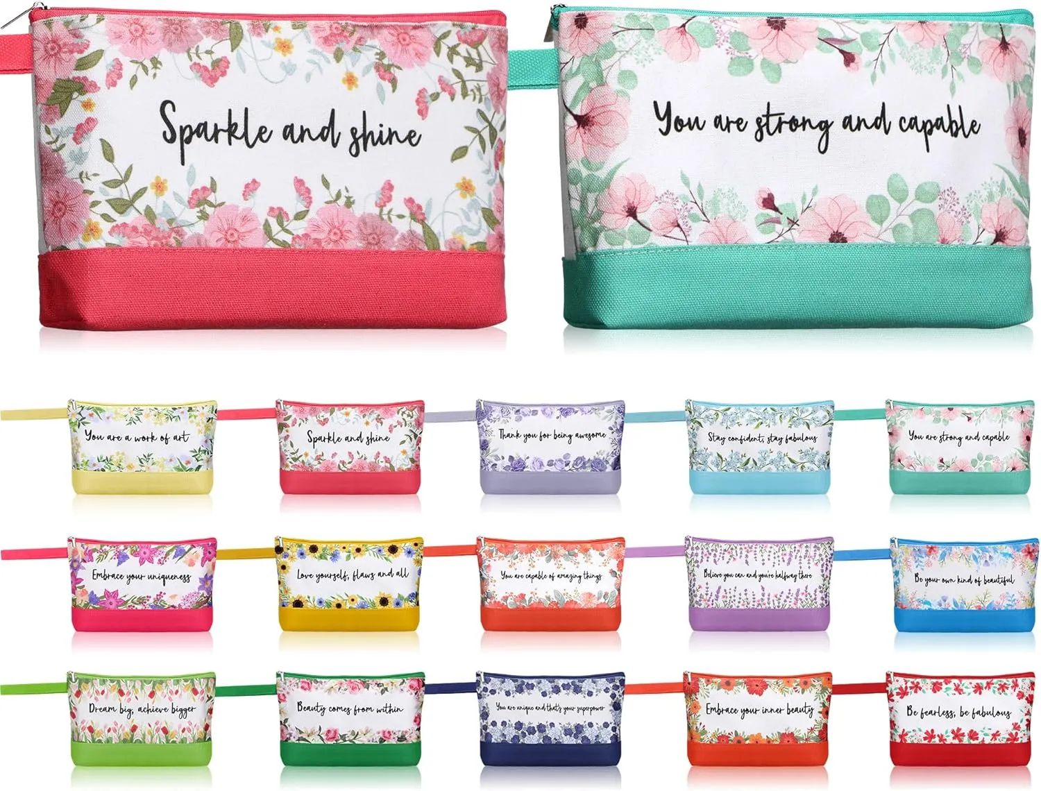 Silkfly 15 Pcs Flower Canvas Makeup Bags Bulk 10.2 x 5.5 x 2 Inches Inspirational Canvas Cosmetic Bag Spring Travel Toiletry Pouch with Zipper Inspirational Gifts for Women