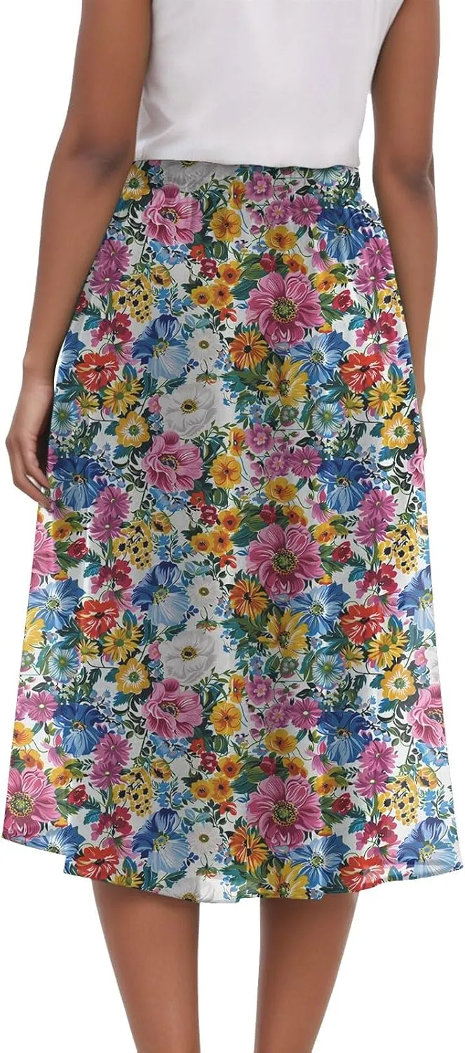 Skirts for Women Spring Summer Boho Floral Print High Waist Flowy Split A Line Midi Skirt with Pockets