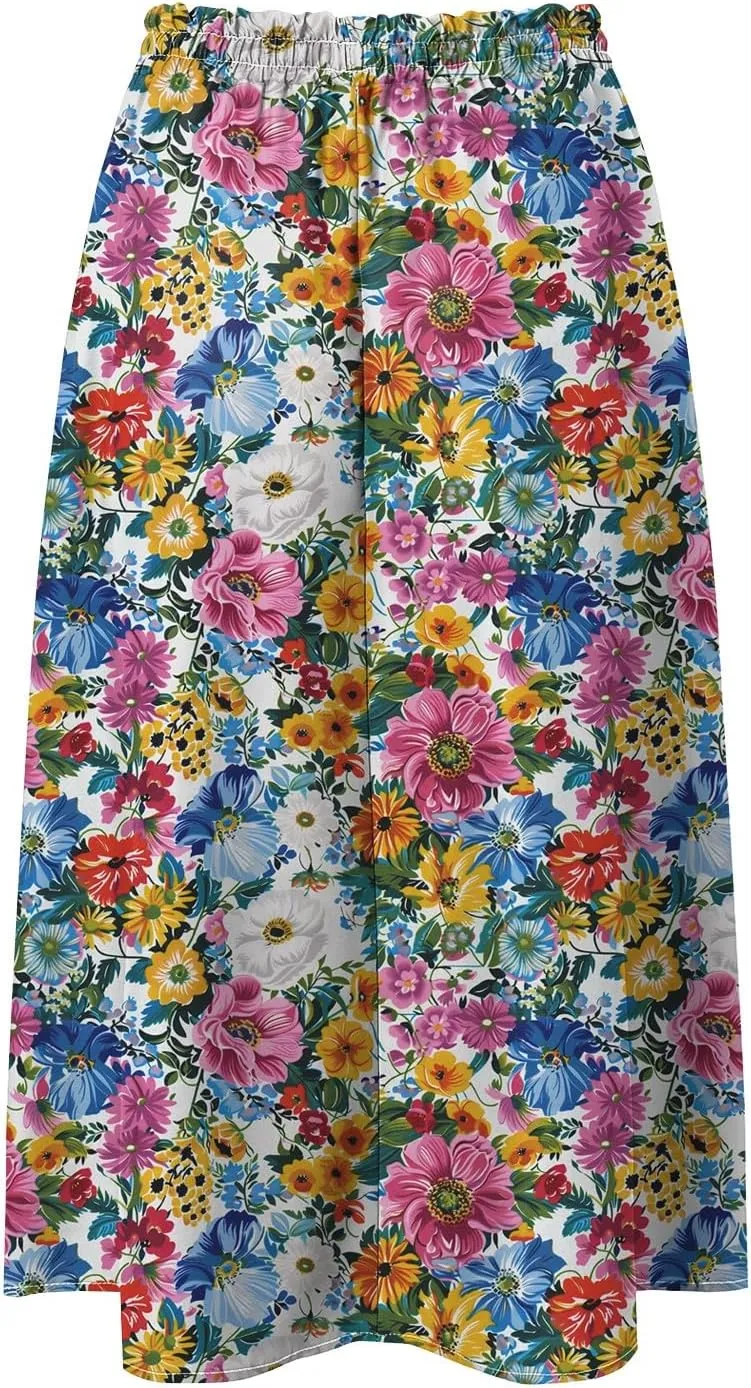 Skirts for Women Spring Summer Boho Floral Print High Waist Flowy Split A Line Midi Skirt with Pockets