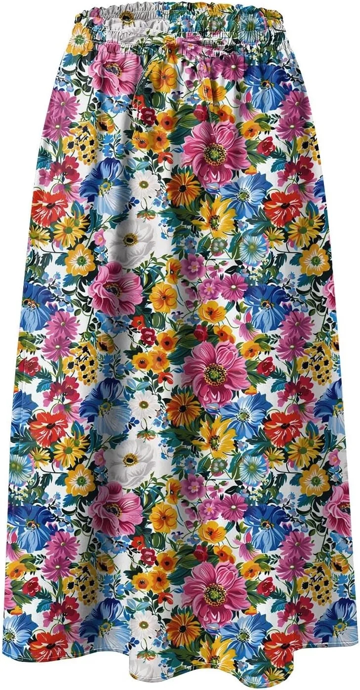 Skirts for Women Spring Summer Boho Floral Print High Waist Flowy Split A Line Midi Skirt with Pockets