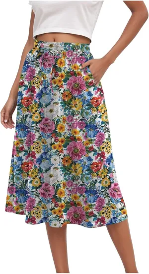 Skirts for Women Spring Summer Boho Floral Print High Waist Flowy Split A Line Midi Skirt with Pockets