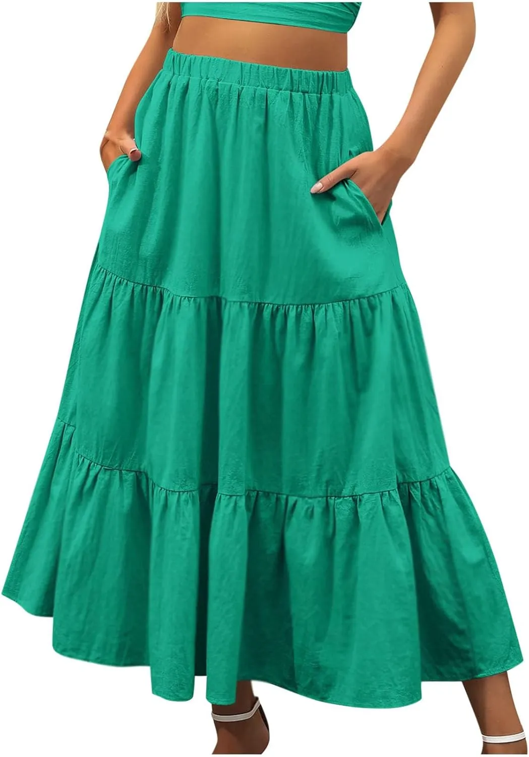 Skirts for Women Summer Beach Pleated Long Skirt Lightweight Elastic Waisted Maxi Skort Boho A Line Skorts with Pocket