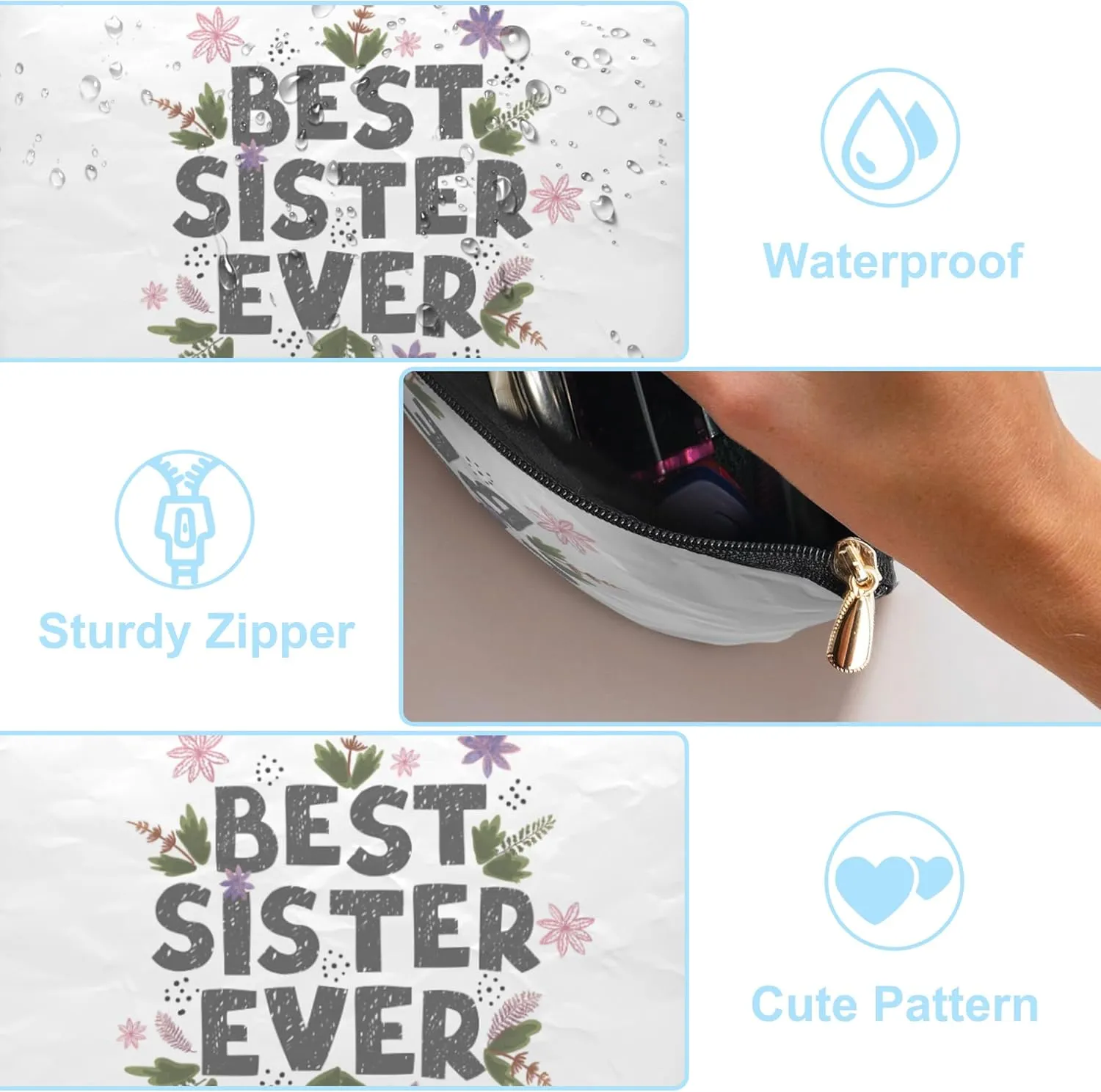 Small Makeup Bag Best Sister Ever Cosmetic Bag for Women Portable Purse Travel Toiletry Bag Accessories Organizer Zipper Pouch