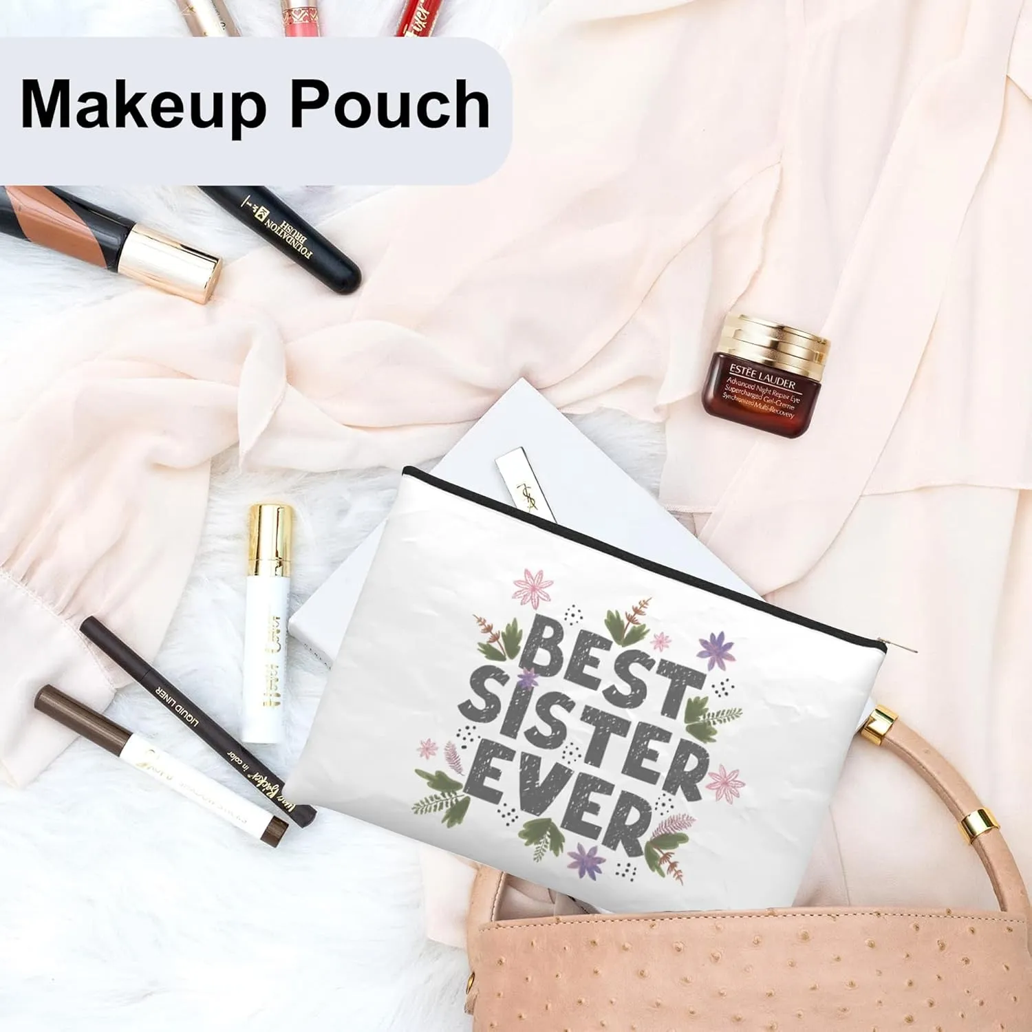 Small Makeup Bag Best Sister Ever Cosmetic Bag for Women Portable Purse Travel Toiletry Bag Accessories Organizer Zipper Pouch